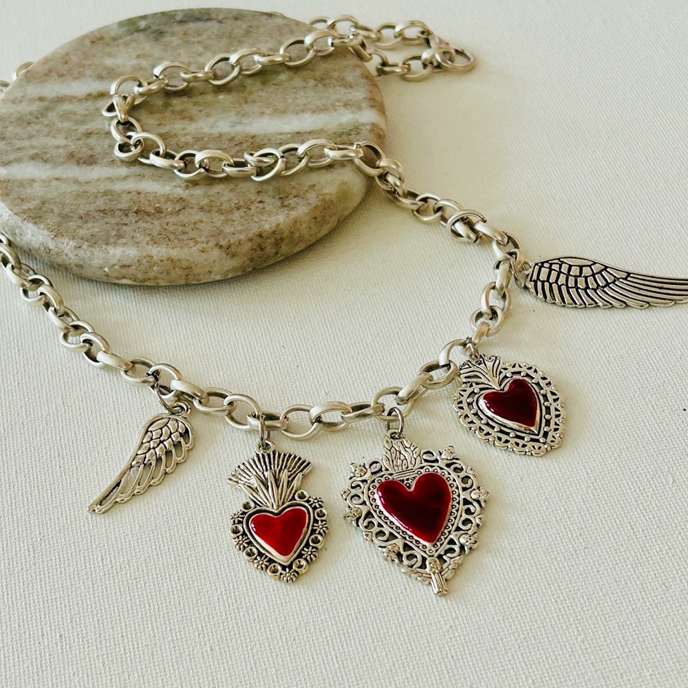 Sacred Heart necklace, angel wings necklace, silver chain necklace women girls